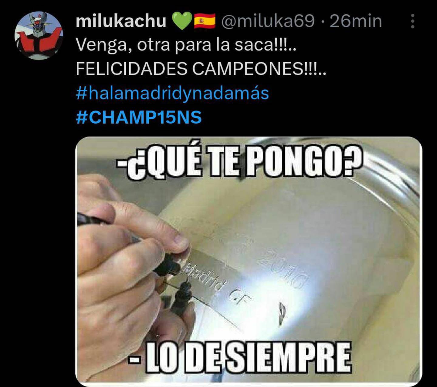 Fans del Real Madrid confiaban en que su equipo sería campeón y obtendría su quinceava 'orejona'. (Captura: Redes sociales)
