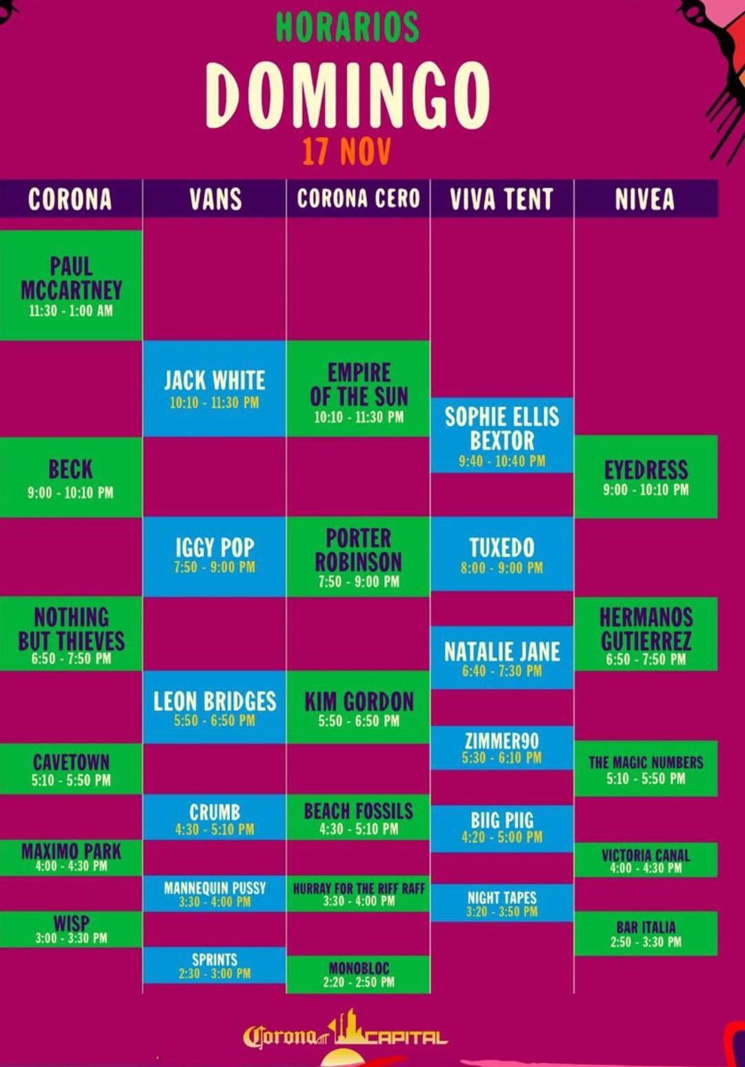 Horarios del Corona Capital del domingo 17 de noviembre. (Foto: Instagram @coronacapital)