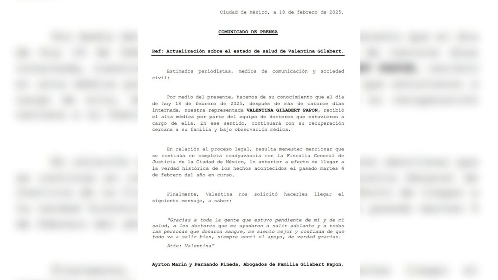 Los abogados compartieron un mensaje en el que dieron las gracias a los medios de comunicación y a los doctores por estar al pendiente. La acusación contra la influencer Marianne 'N' continúa.