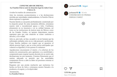 Comunicado de la familia de Julio César Chávez Jr. acerca de su detención. (Foto: Captura)